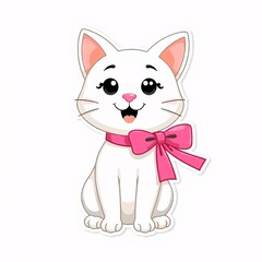 Obraz premium Cute cartoon white cat with a pink bow