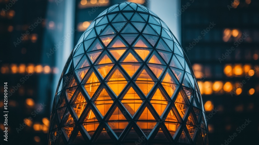 Poster close up view of a modern glass building at night, illuminated from within, with a geometric pattern