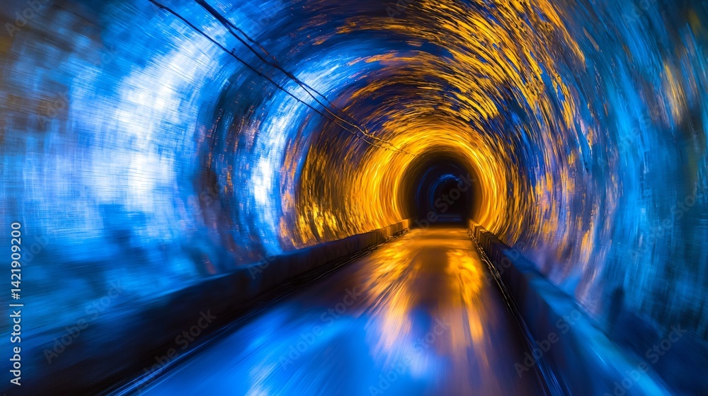 Poster surreal visual of a tunnel with a train in motion surrounded by captivating dramatic light creating 