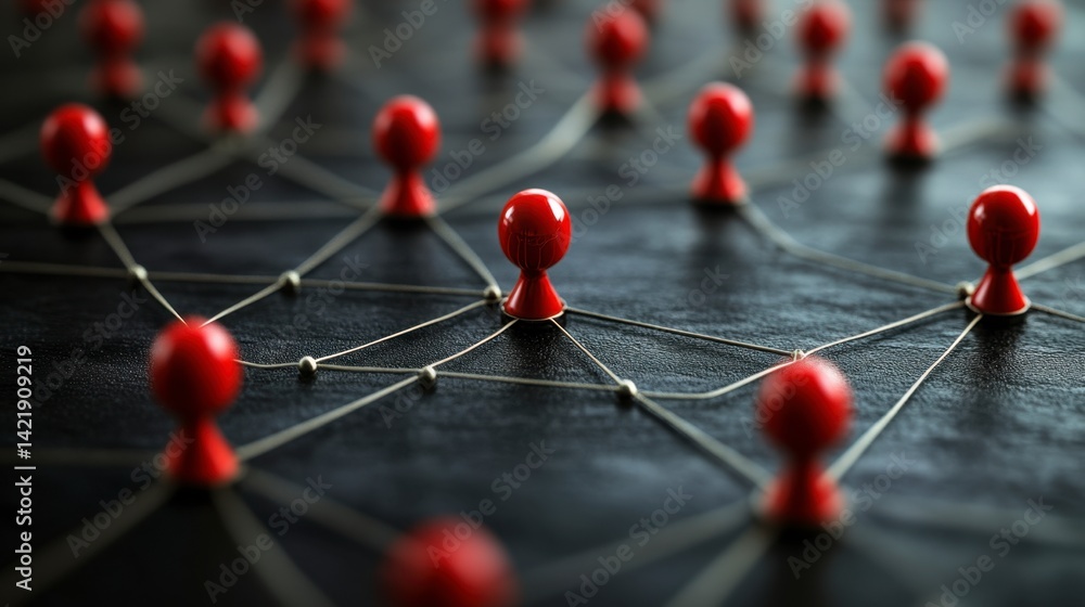 Poster network of interconnected red pins on a dark surface. one pin is centrally located, symbolizing conn