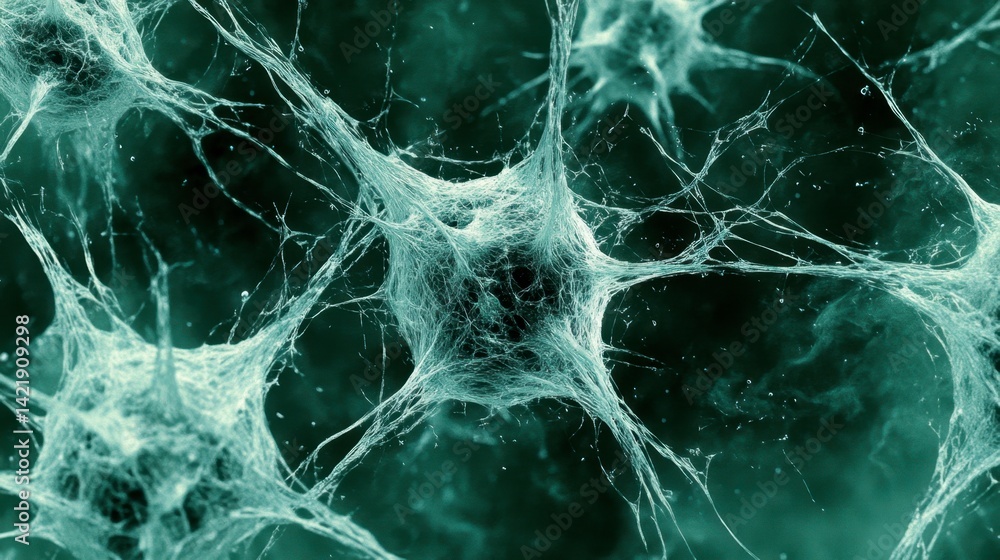 Poster microscopic view of interconnected neurons, intricate network of neural cells, teal and white color 