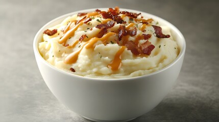 Mashed potatoes in white bowl with gooey cheese and bacon drizzled on top.
