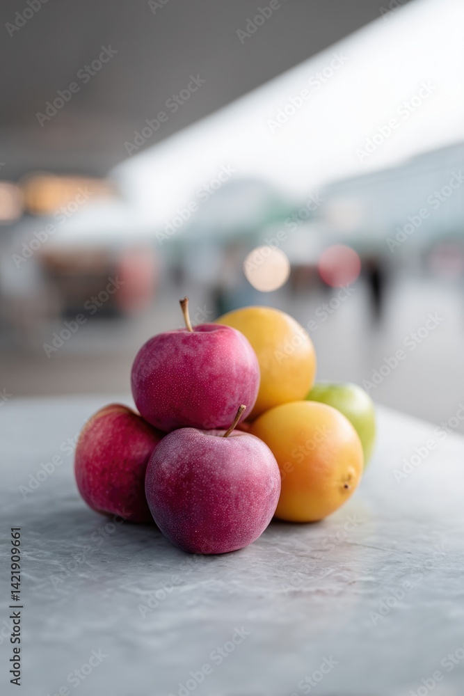 Poster minimalistic arrangement of non-gmo fruits and vegetables neatly displayed in foreground