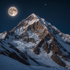 A full moon rising behind K2, casting ghostly light over the snow-covered slopes and turning the mountain into a silver specter in the night sky.