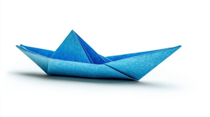 Naklejka premium A light blue origami paper boat sits on a white background. 