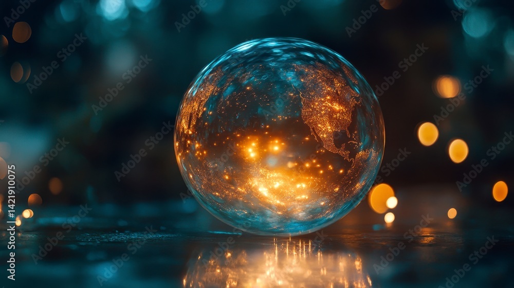 Poster glowing sphere with inner light and bokeh lights, reflecting on dark wet surface. crystal ball effec