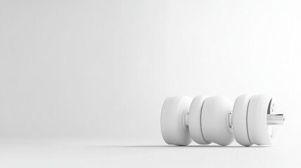 White Dumbbell Minimalist Design, Clean Studio Lighting, Low-angle Side View, Smooth Surface Texture, Resting Position, Neutral Background, Bright Monochromatic Mood, Fitness Branding Imagery