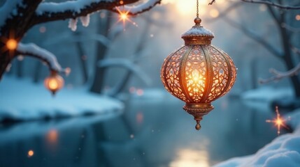 Obraz premium A glowing ornate lantern hangs from a snow-covered branch, illuminating a tranquil winter scene