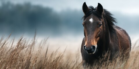 Obraz premium Majestic horse standing amidst tall grass in a serene landscape during early morning light