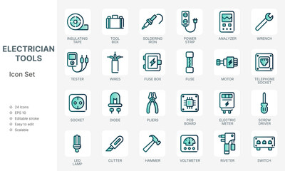 Electrician tools line icons set with green energy design
