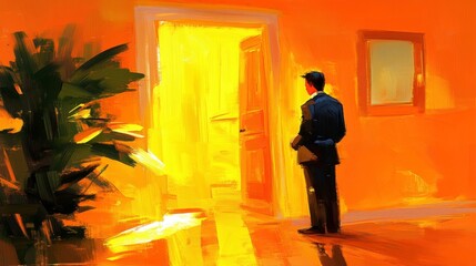 Man in a suit contemplates an open door bathed in bright yellow light, a plant and orange walls in background.