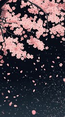 Delicate cherry blossom petals falling gently on dark background, spring floral scene