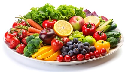 Plate with fresh fruit and vegetable isolated on white background