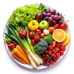 Plate with fresh fruit and vegetable isolated on white background