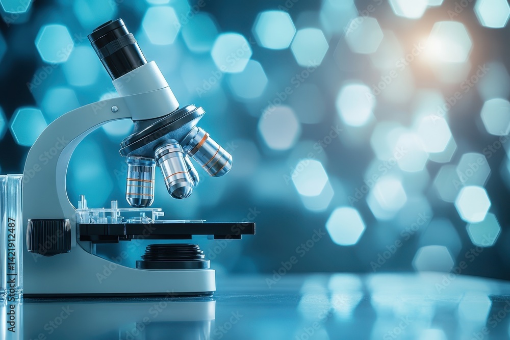 Poster microscope with slides illuminated against a blurred bokeh background in a laboratory setting