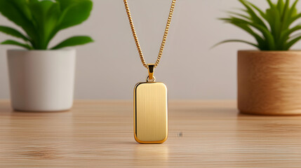 Gold Rectangular Pendant Necklace on Wooden Table