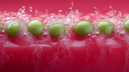 Fresh green peas in a vibrant pink liquid with splashing water.