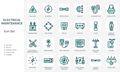 Electrician repair and maintenance icon set with green energy design