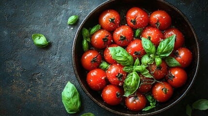 Roasted cherry tomatoes with basil in bowl, dark background, food photography, recipe illustration