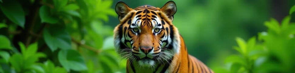 Naklejka premium Male tiger confronts viewer, lush green background , nature, jungle