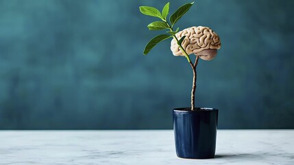 A plant grows from a pot with a brain as its blossom symbolizing the power of mindfulness and nature in nurturing growth