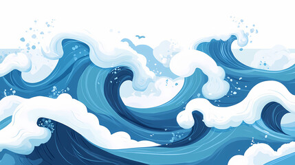 A captivating stylized blue wave crests with white foam adding dynamic energy to the serene seascape. Tranquil Breaker. Illustration