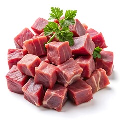 Raw chopped lamb fillet diced tenderloin or cubed isolated on white background