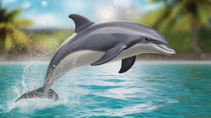 Naklejka premium A magnificent dolphin leaps from the turquoise ocean near a tropical coast