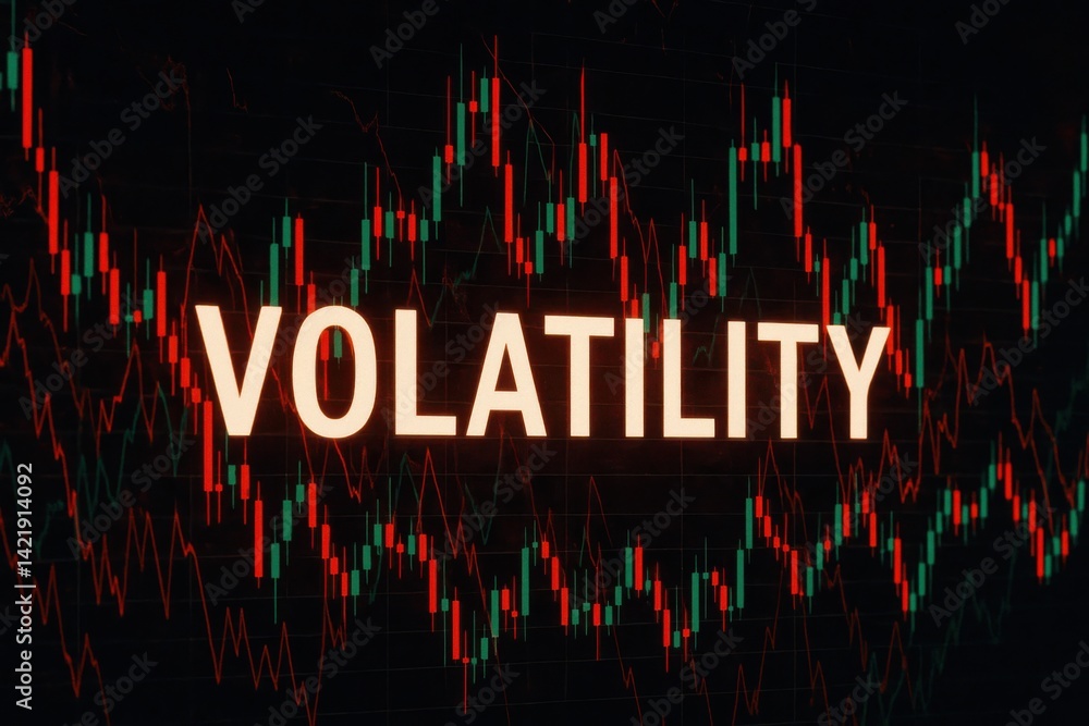 Poster an abstract representation of financial market volatility with colorful graphs and bold text. perfec