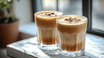 Iced coffee drinks, cafe window, sunlight, wooden table, refreshing beverage