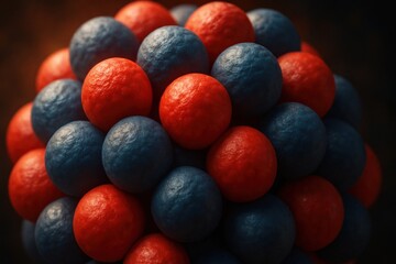 A close-up view of a colorful atomic model featuring red and blue spheres representing protons and neutrons, illustrating fundamental concepts of nuclear physics in a visually stri