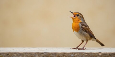 Fototapeta premium A vibrant small bird with bright orange breast feathers sings a cheerful melody, perched on a weathered wood surface against a muted beige backdrop