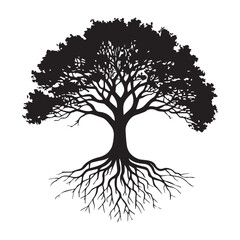 Tree With Roots Silhouettes Premium Vectors White Background.