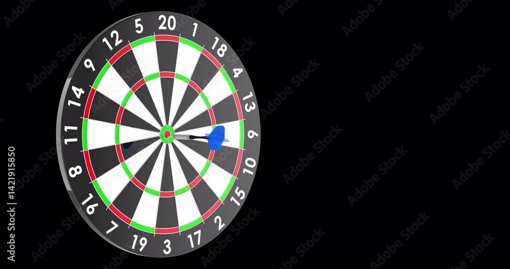 Poster three darts hit the center of the target, side view. animation, 3d rendering isolated on transparent