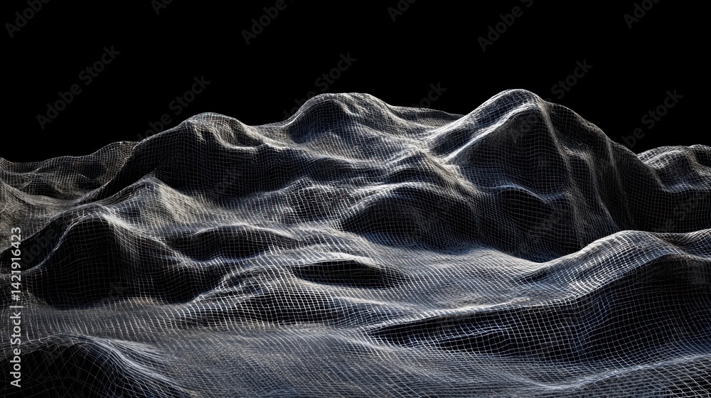 Poster abstract digital rendering of a mountainous terrain.