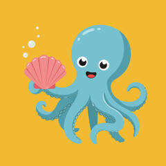 Obraz premium Cute blue octopus holding pink seashell vector illustration with yellow background and bubbles underwater scene 