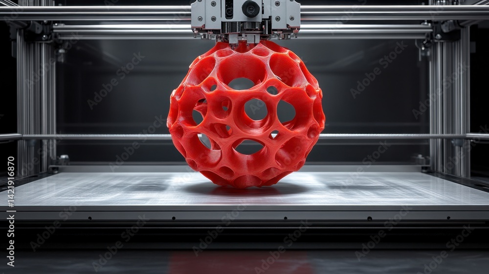 Poster red lattice sphere 3d printing in progress on a metallic platform.