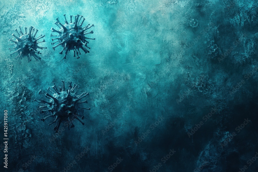 Poster abstract representation of viruses floating in a dark, turquoise environment