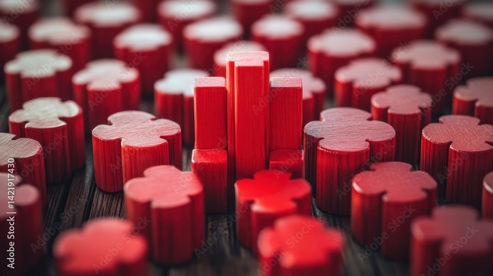 Poster red wooden blocks arranged in a graph pattern on a dark wooden surface, one set of blocks significan