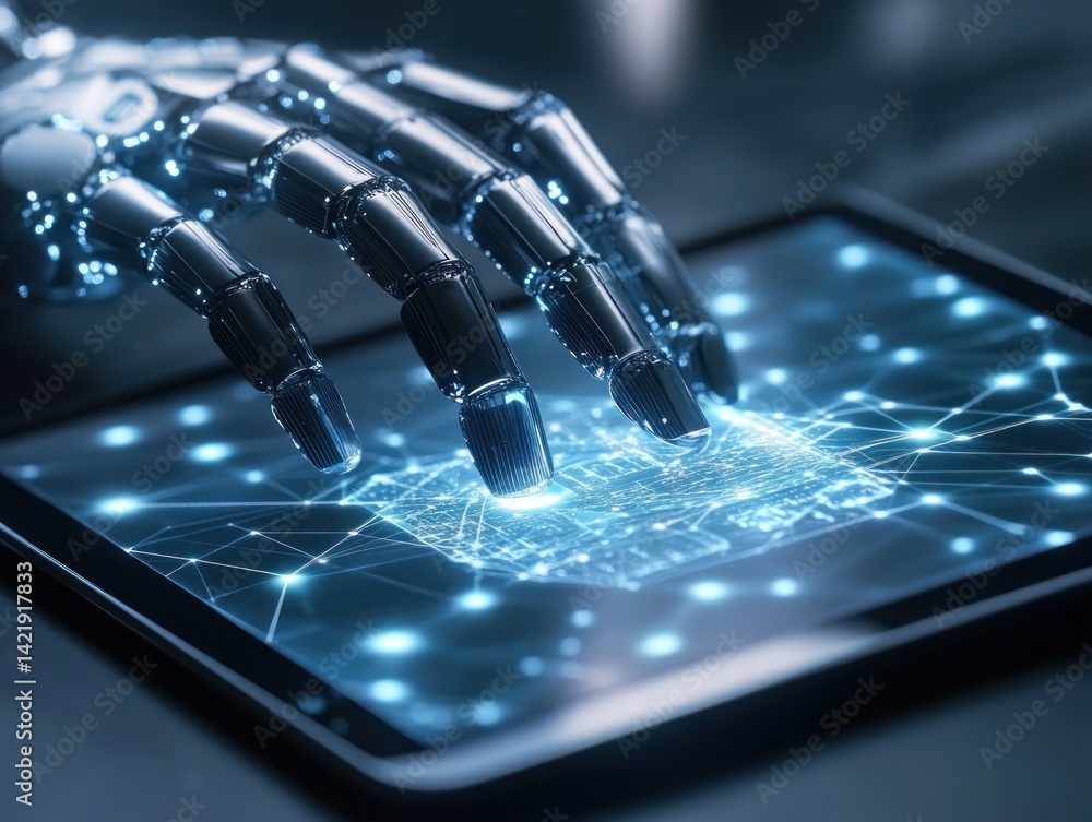 Aufkleber robotic hand interacting with digital network on a tablet