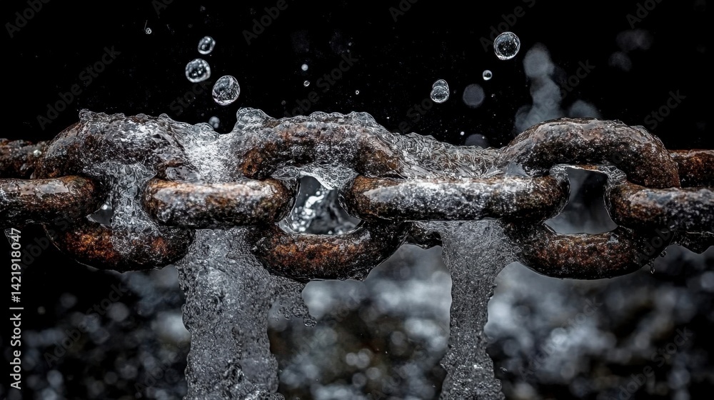Aufkleber close up view of a rusty chain with water dripping from it against a black background.