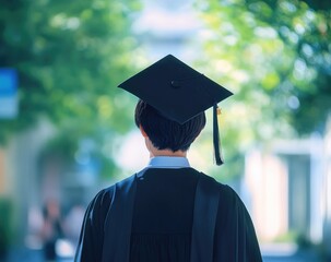 Back view of male graduate in cap and gown walking at university – graduation day, academic achievement, blurred campus background, higher education success, commencement ceremony
