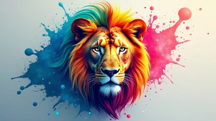 Majestic Lion with Vibrant, Multicolored Mane Amidst a Burst of Paint Splatter