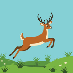 Brown deer jumping over green grass in square vector illustration with blue sky background 