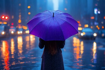 A stylish woman in a coat holds a purple umbrella during the rain against the background of city buildings.