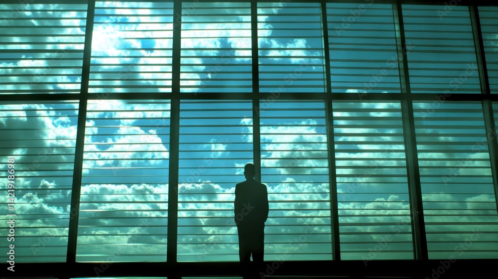 Aufkleber silhouette of a man standing before a large window overlooking a bright, cloudy sky. the window is d