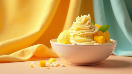 Creamy Delight A Bowl of Refreshing Mango Sorbet with Whipped Topping and a Garnish of Fresh Mint