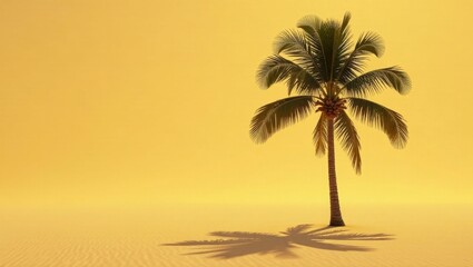 Solitary Palm Tree Casts Long Shadow Across Golden Sand Dune Under a Warm Yellow Sky