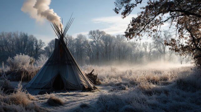 Frost-covered tipi morning landscape realistic photography nature eye-level view winter serenity