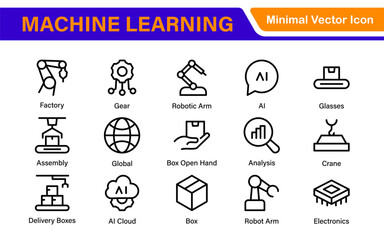 Artificial Intelligence Machine Learning Icons - AI, Neural Network, Deep Learning, Data Science, Algorithm - Vector, Outline, Line, Illustration, Minimal